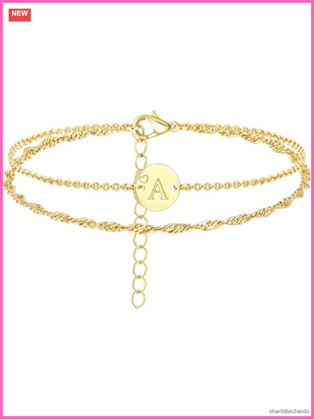 14K Gold Plated Initial Heart Bracelet Dainty Layered Charm Adjustable